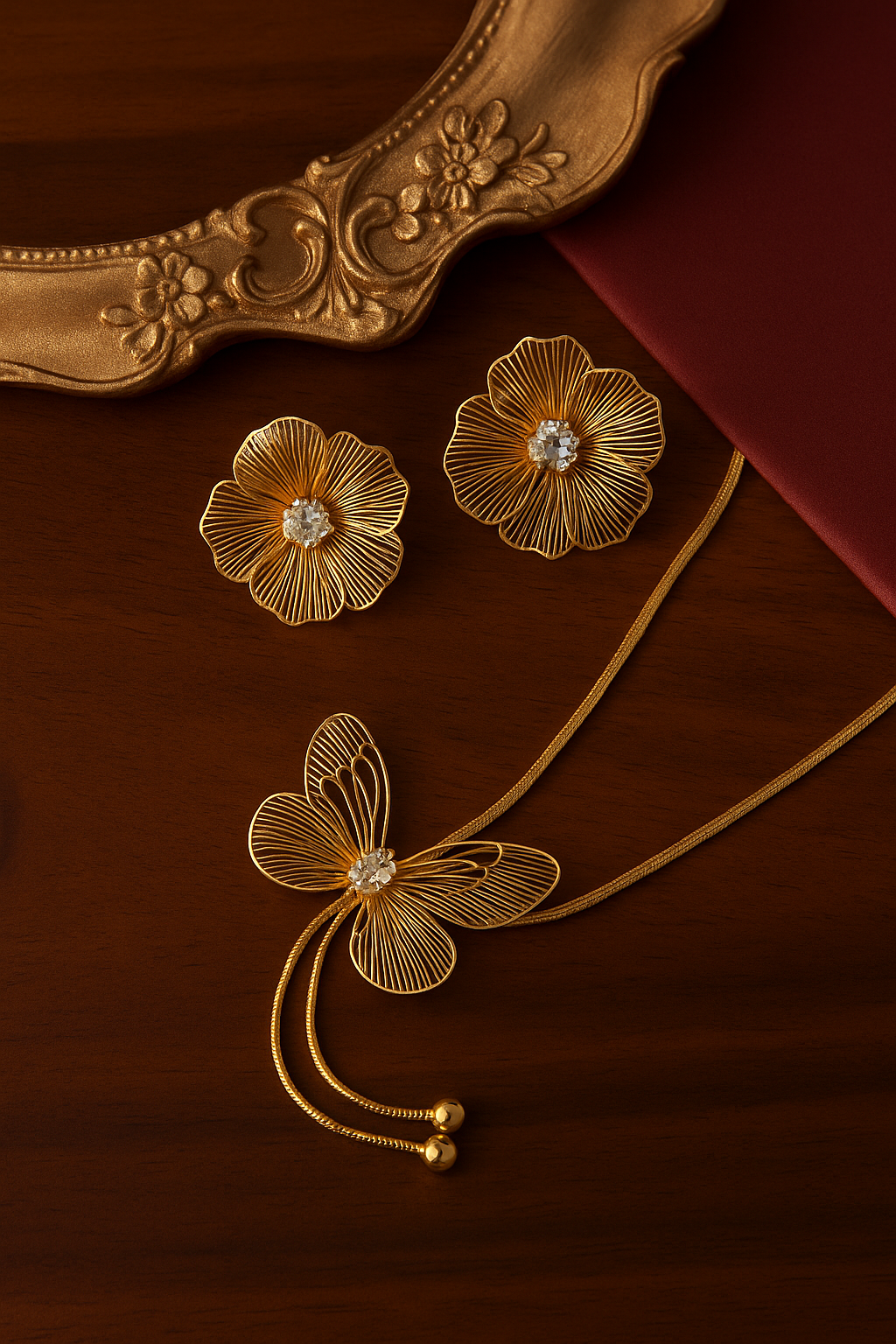 Pearl Petal Set – Gold Earrings & Necklace with Central Pearl Pearl Petal jewelry set featuring gold glower earrings and matching necklace with a pearl centerpiece. Anti tarnish, elegant set perfect for daily wear.