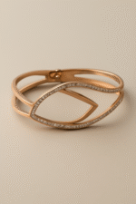 Petal Crest Bracelet in rose gold, featuring a unique open bangle design with diamond accents. Anti tarnish, perfect for daily wear.