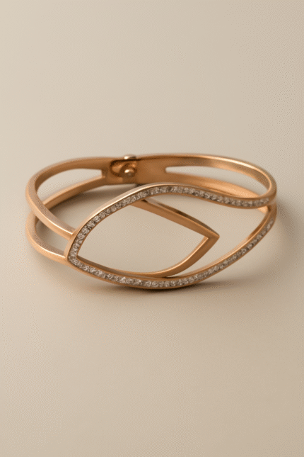 Petal Crest Bracelet in rose gold, featuring a unique open bangle design with diamond accents. Anti tarnish, perfect for daily wear.