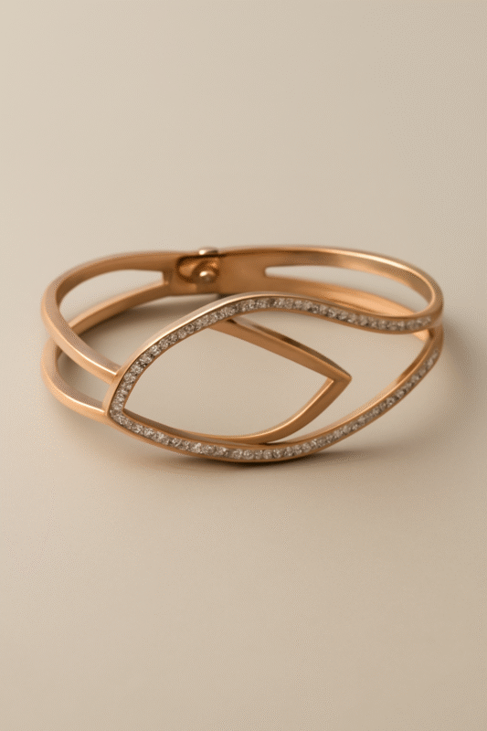 Petal Crest Bracelet in rose gold, featuring a unique open bangle design with diamond accents. Anti tarnish, perfect for daily wear.
